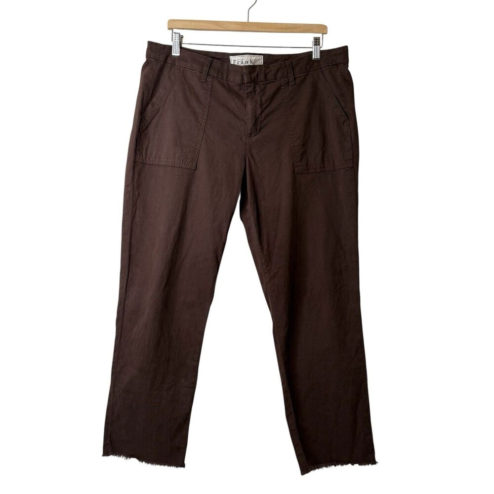 Frank & Eileen Blackrock Utility Pants 12 Brown Twill Straight Leg Ankle Raw Hem